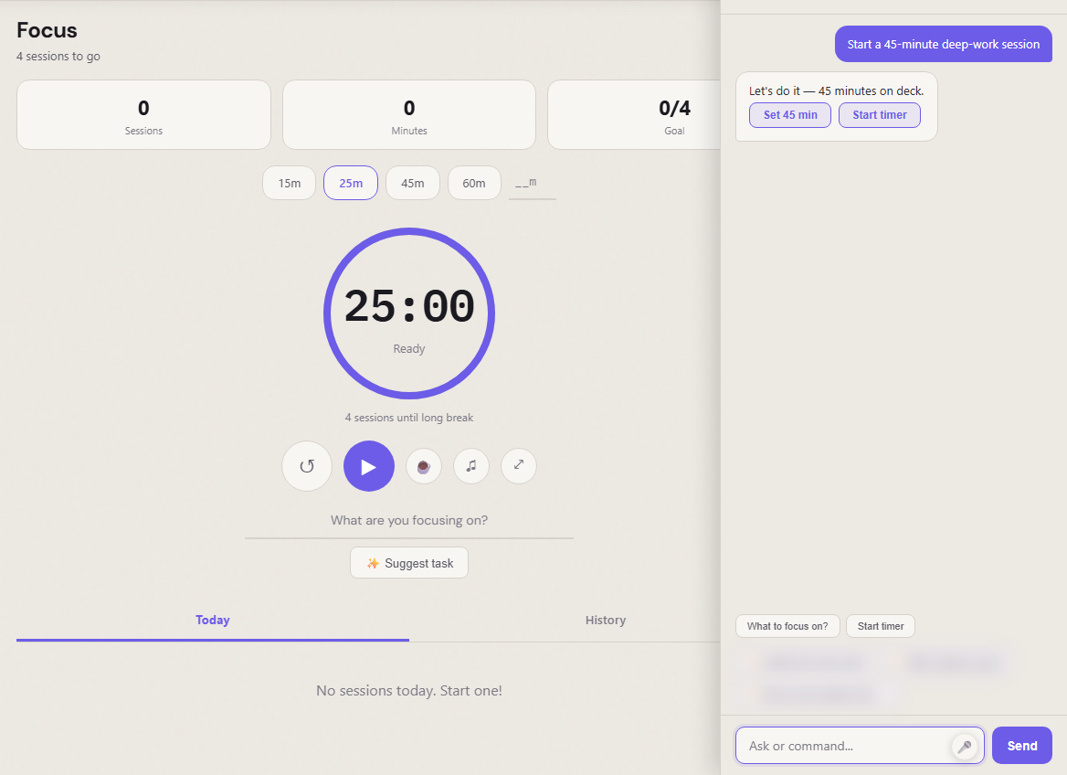 Round one: asked to "start a 45-minute deep-work session", the assistant offers Set 45 min and Start timer as one-click controls. The timer is still at 25:00, Ready.|637