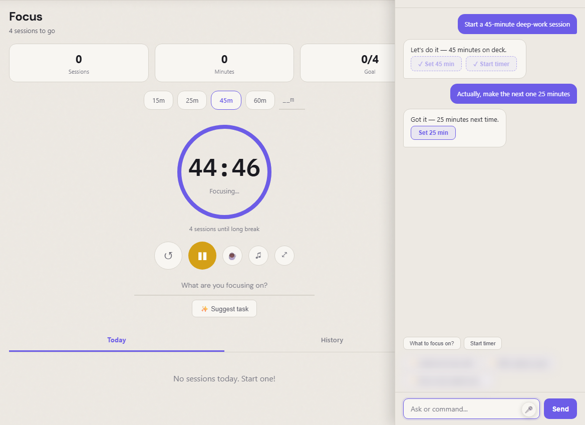The result of the clicks, plus a second round. Both controls ran — the 45-minute preset is now active and the timer is counting down (44:46, Focusing), the buttons marked ✓. A follow-up — "make the next one 25 minutes" — gets its own fresh control. The assistant operated the page the user was already looking at, across turns.|637