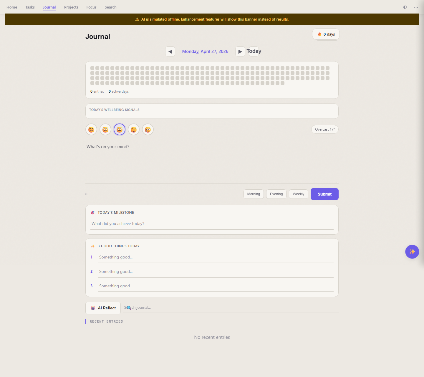 Journal with AI simulated offline — banner at the top, the page itself still fully usable underneath