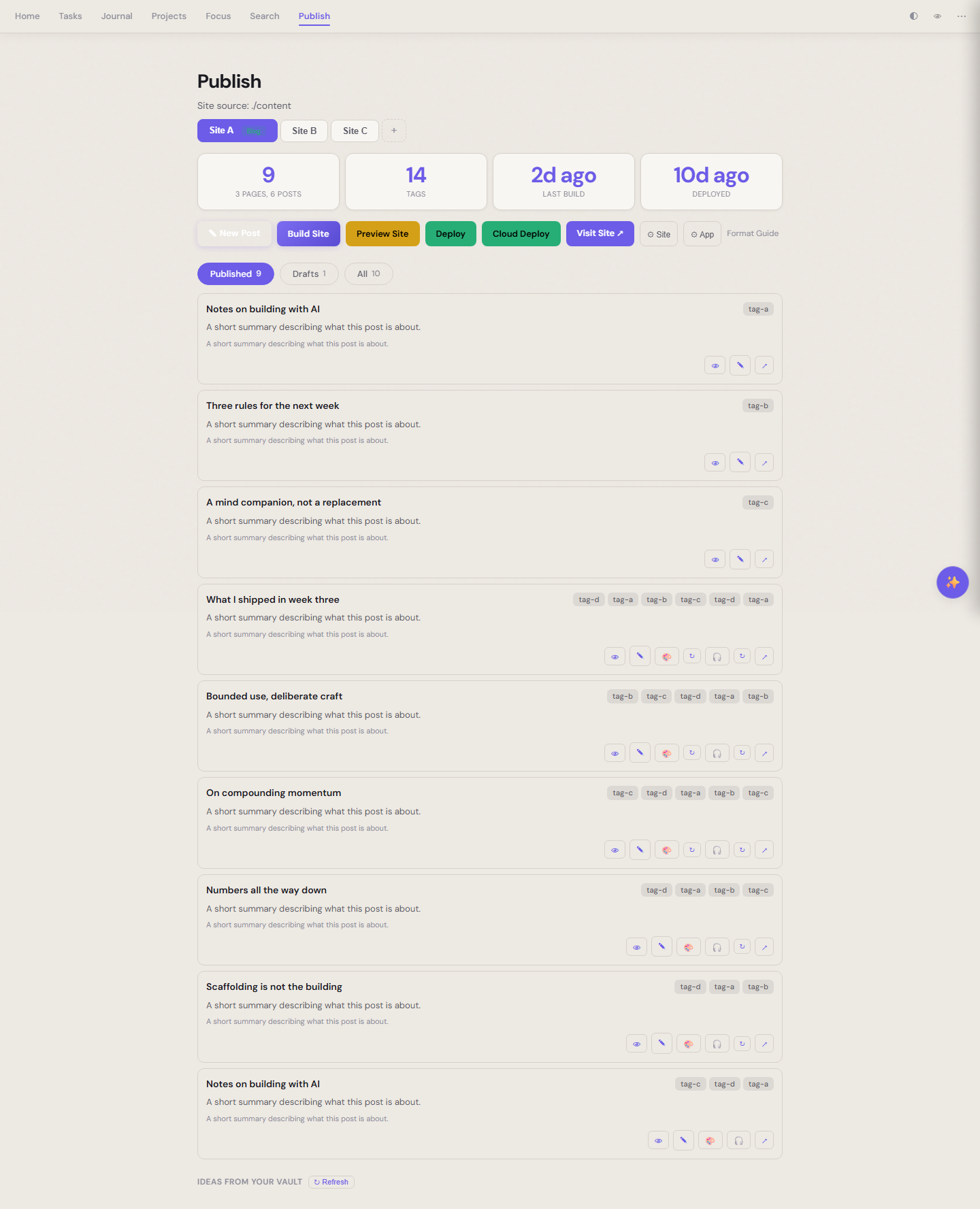 Publish app post list, with cover thumbnails and podcast status per row