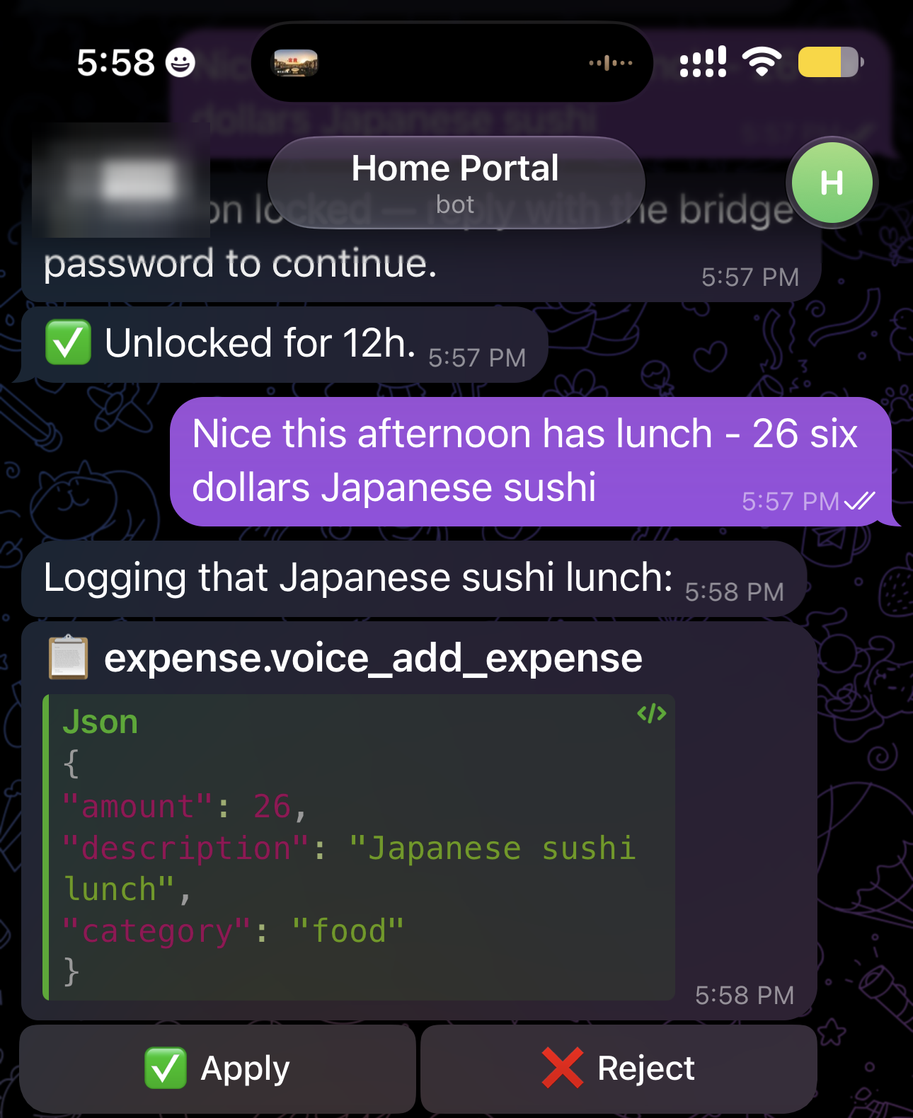 Telegram chat: a plain message, "Nice this afternoon has lunch — 26 dollars Japanese sushi", becomes an expense.voice_add_expense proposal card. The card shows the exact JSON payload — amount 26, description "Japanese sushi lunch", category "food" — with Apply and Reject buttons beneath it. Nothing has been written yet.|340