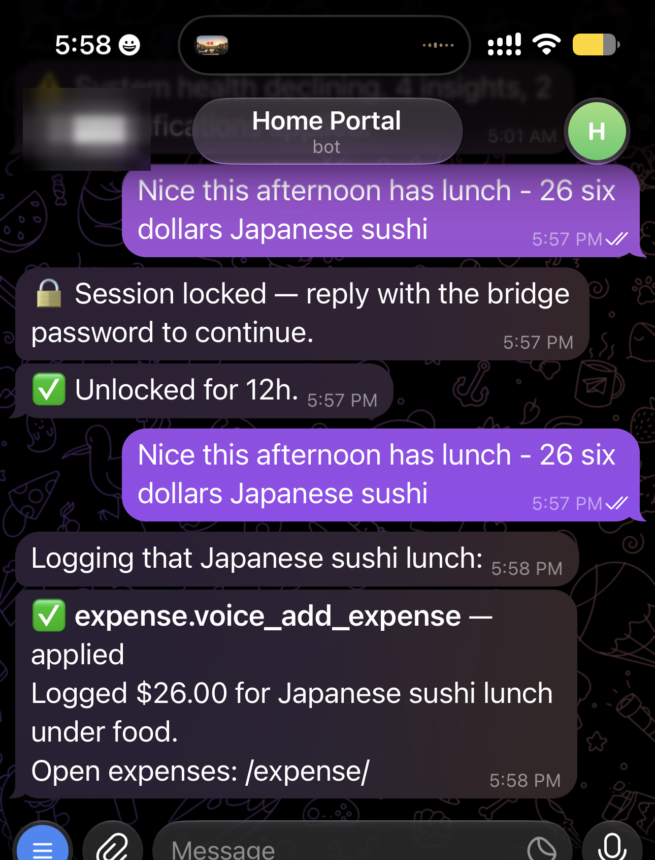 The same chat after the session password unlocks it for 12 hours and Apply is tapped. The card now reads "expense.voice_add_expense — applied. Logged $26.00 for Japanese sushi lunch under food." with a link to open the expenses app. The write happened only after the unlock and the tap.|340