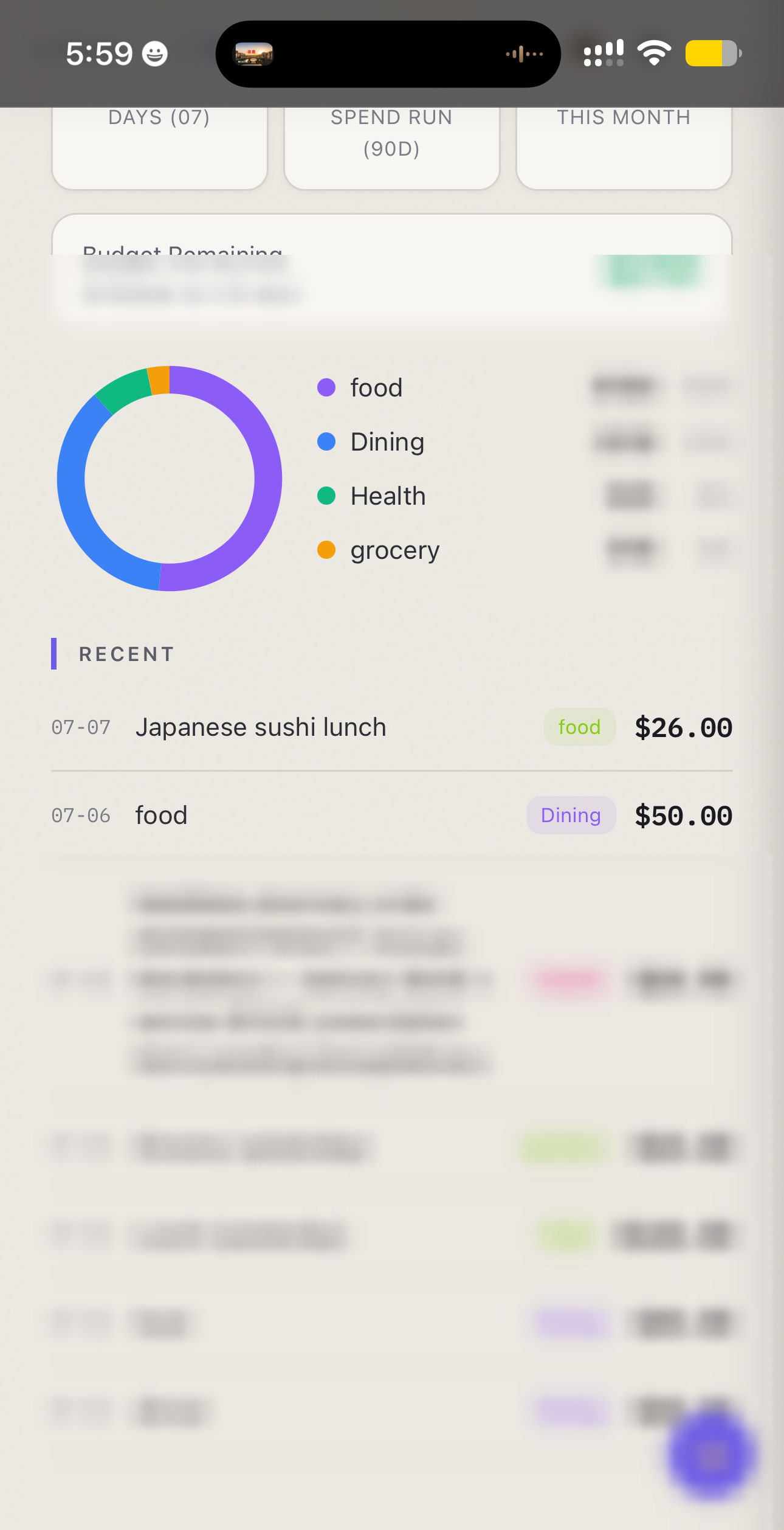 The EmptyOS expense app on the phone. The just-approved $26.00 Japanese sushi lunch sits at the top of the recent list, tagged "food", above a category donut chart and a budget summary. The remaining budget, category totals, and older transactions are blurred for privacy; the point is that this app state changed only after the approval on the previous screen.|340