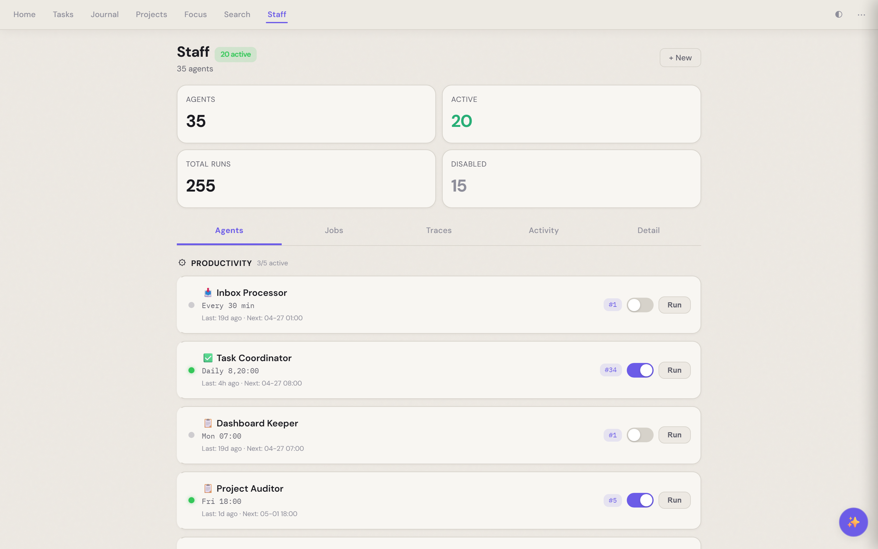 Staff — markdown-defined agents running on schedule, doing what their notes describe